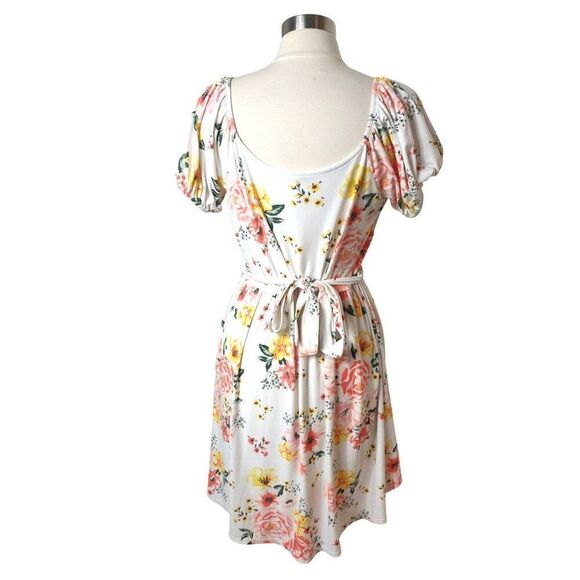 Women's Floral High-Low Dress XL Fairy Puff Sleeves Waist Tie White Pink Yellow - Picture 2 of 9